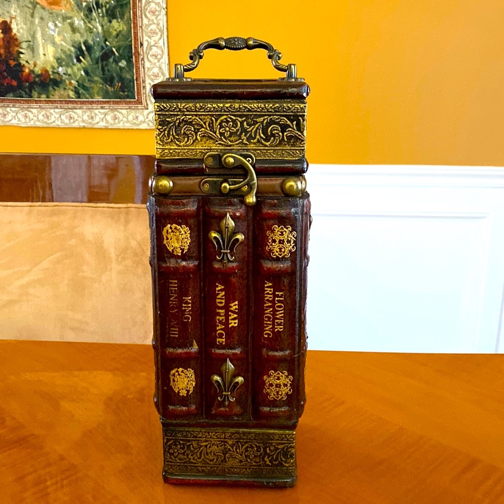 Vintage wooden handmade vine carrier, display, storage with  brass handle